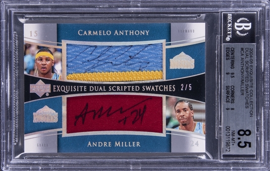 2004-05 UD "Exquisite Collection" Dual Scripted Swatches #CA Carmelo Anthony/Anthony Miller Dual Signed Jersey Patch Card (#2/5) - BGS NM-MT+ 8.5/BGS 7
